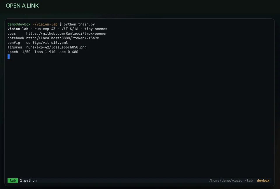 A remote tmux session opens a link in a browser, jumps to code in VS Code, downloads files, and previews a GIF and PDF in the terminal.